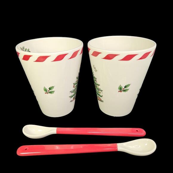 Spode Christmas Tree Conical Mugs Cup Peppermint Spoon Set 2 Coffee Cocoa READ - Picture 4 of 12